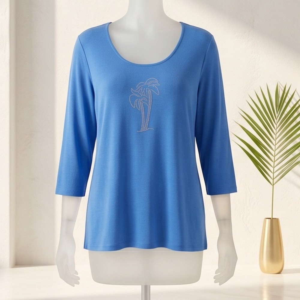 Travel Elements 2X Blue Palm Tree Studded 3/4 Sleeve Top Made in‎ USA